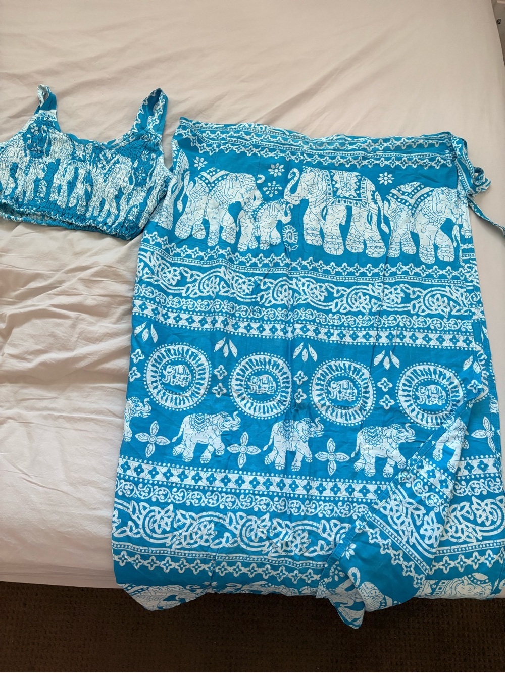 Blue Elephant Print Two Piece Set Boho Wrap Skirt & Crop Top